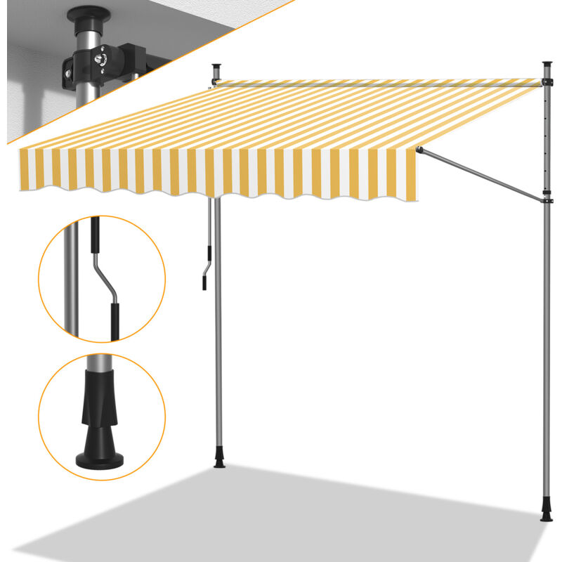 Auvent retractable Auvent terrasse Marquise sans perçage Manivelle Hauteur réglable 3.5M, Jaune et Blanc