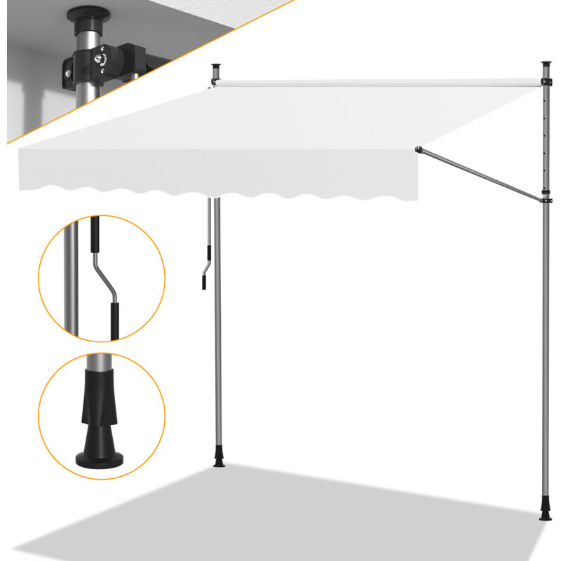 Auvent retractable Auvent terrasse Marquise sans perçage Manivelle Hauteur réglable 3.5M, Crème