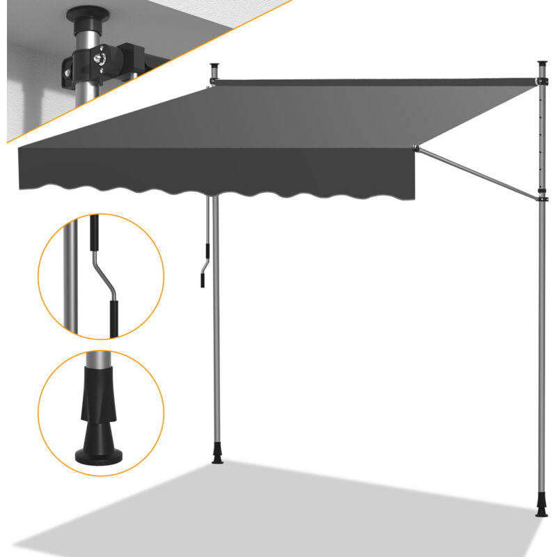 Auvent retractable Auvent terrasse Marquise sans perçage Manivelle Hauteur réglable 3M, Gris pur