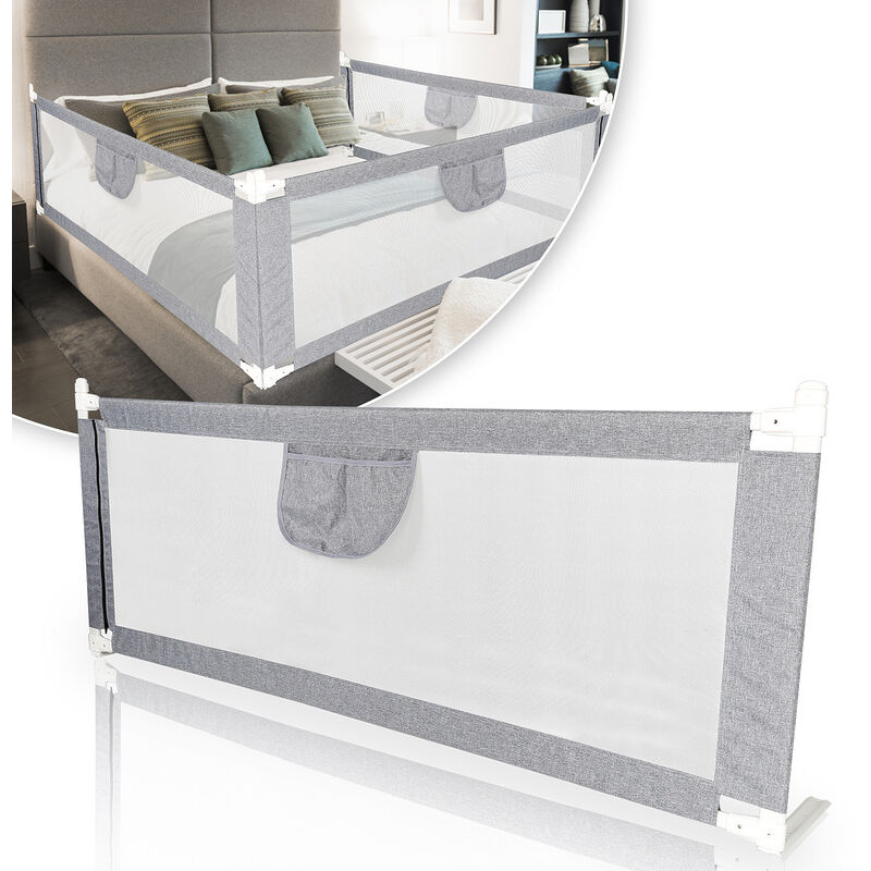 Randaco – Barrière de lit anti-chute 180 cm – Hauteur réglable 64-96 cm – Tissu lin et acier – Filet aéré pour lits d'enfants et doubles