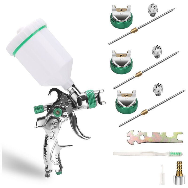 Randaco - Pistolet à peinture hvlp Buses Pistolet à peinture à godet gravité Acier inoxydable 1.4MM/1.7MM/2.0MM 3 buses de taille- Vert