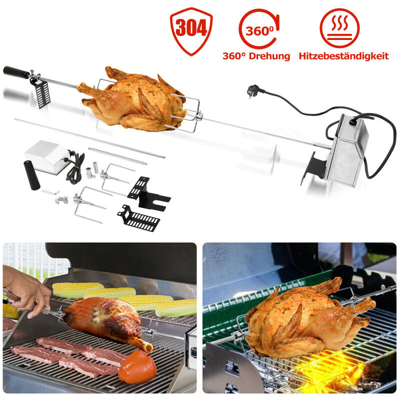 Randaco - Broche bbq Broche à rôtir 117cm 220-240V en Acier affiné 2 Fourches incluses Broches Grillade
