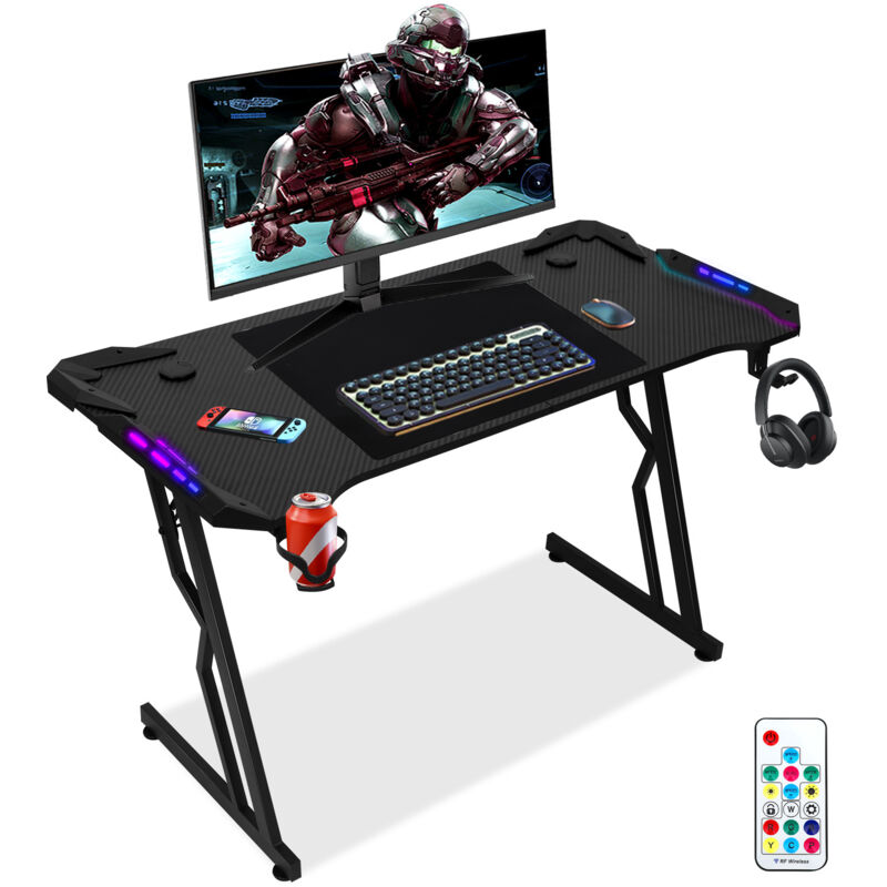 Randaco Bureau Gaming LED, 140 x 60cm Grande Bureau Gamer avec Un Plateau en Fibre de Carbone, Bureau Informatique Ergonomique avec Tapis de Souris,