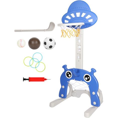 Randaco Cestino 4 in 1 per bambini: pallone da basket, calcio, lancio dell'anello e pallina da golf, blu, adatto a bambini dai 3 anni in su.