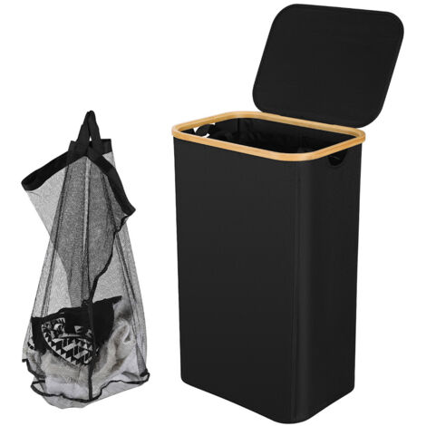 Randaco Cesto para Ropa Sucia 100L Negro con Tapa, Plegable, 1 Bolsa de Malla Extraíble, Bambú