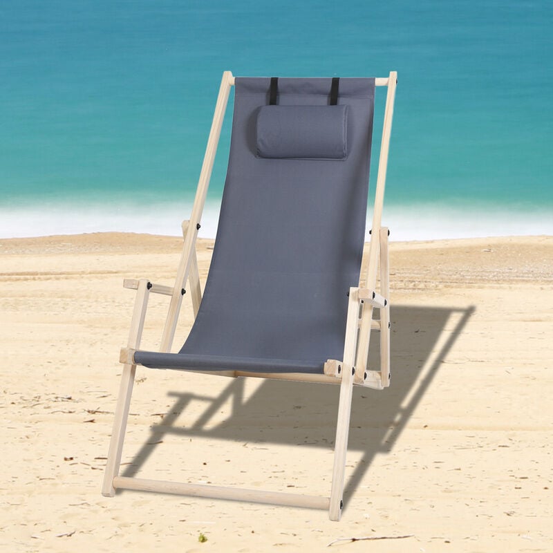 Chaise longue Chaise longue de plage Chaise de jardin Pliable Bois Chaise longue de plage Gris Avec Mains Courantes - Gris - Tolletour