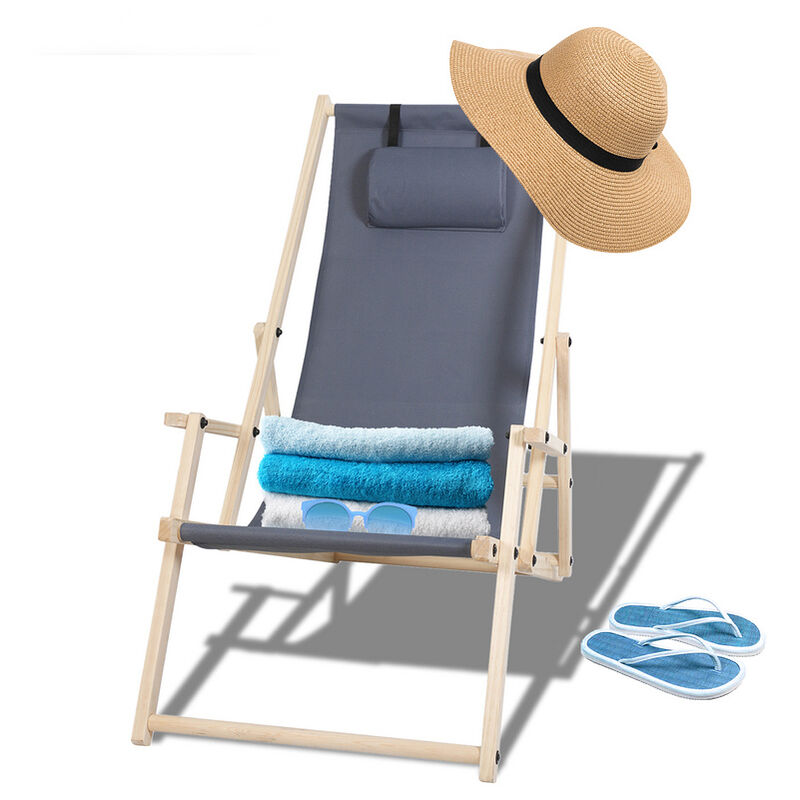 Einfeben - Chaise longue de plage avec mains courantes en bois Chaise de camping pliable Chaise longue 120kg pliante Gris - Gris