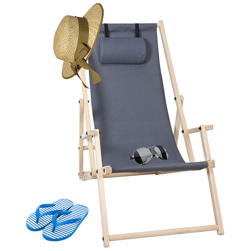 Chaise longue Relax chaise solaire 120kg Chair Chaise confortable pliable en bois Gris Avec mains courantes - Gris - Einfeben