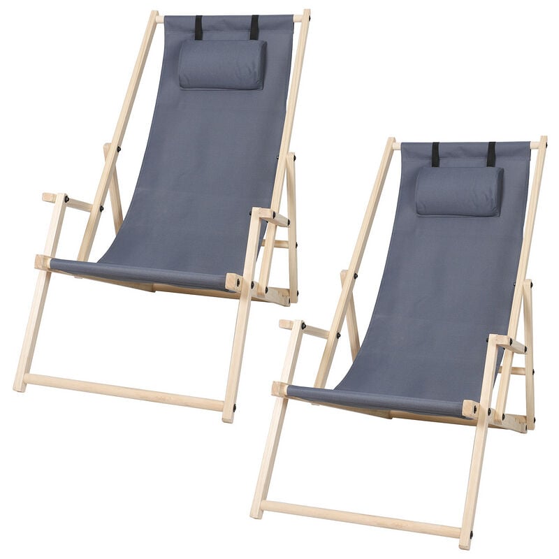Chaise longue Relax chaise solaire 120kg Chair Chaise confortable pliable en bois Gris Avec mains courantes 2 pièces - Gris - Einfeben