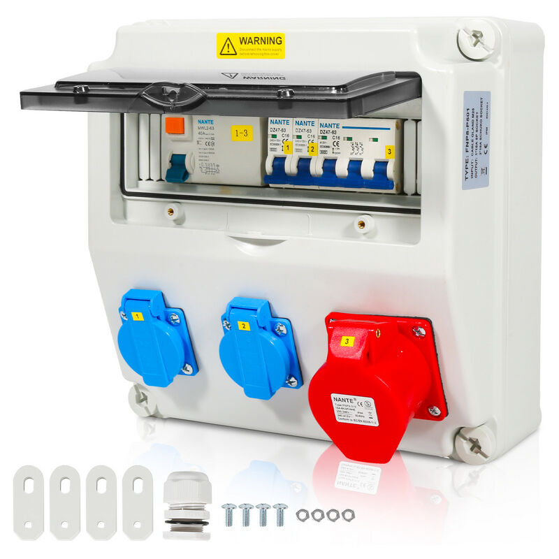 Coffret De Chantier Distributeur mural avec disjoncteur et fi, répartiteur électrique de site à 5 pôles avec 2 prises Schuko et prise cee 16 a