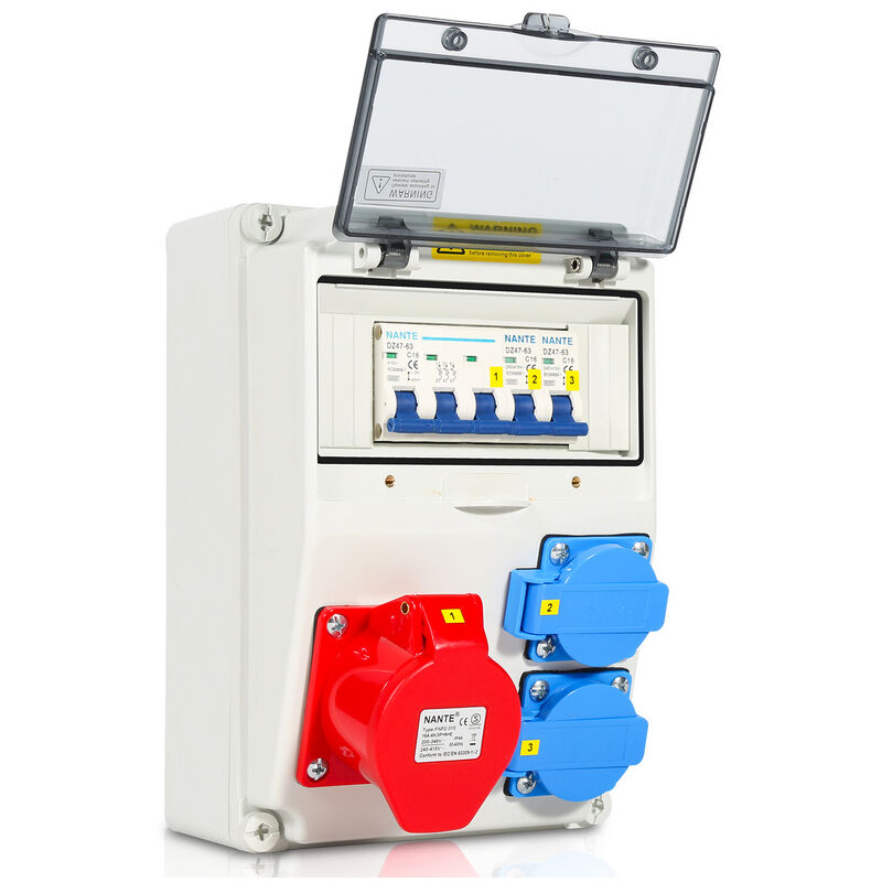 Vingo Coffret De Chantier Distributeur mural avec disjoncteur, répartiteur électrique de site à 5 pôles avec 2 prises Schuko et prise cee 16 a