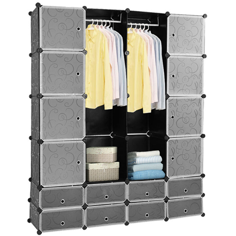 Randaco DIY Armoire Penderie avec étagères de rangement Armoire de Chambre 16 noir, décor imprimé