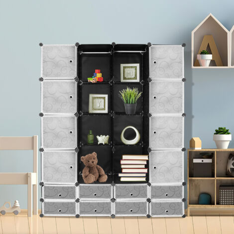 Randaco DIY Kleiderschrank h. 180cm, Kleiderschränke Garderobenschrank aus Kunststoff für Kleideraufbewahrung zum Aufbewahren, Schuhschrank (16+8 Würfeln, schwarz aufdruck)