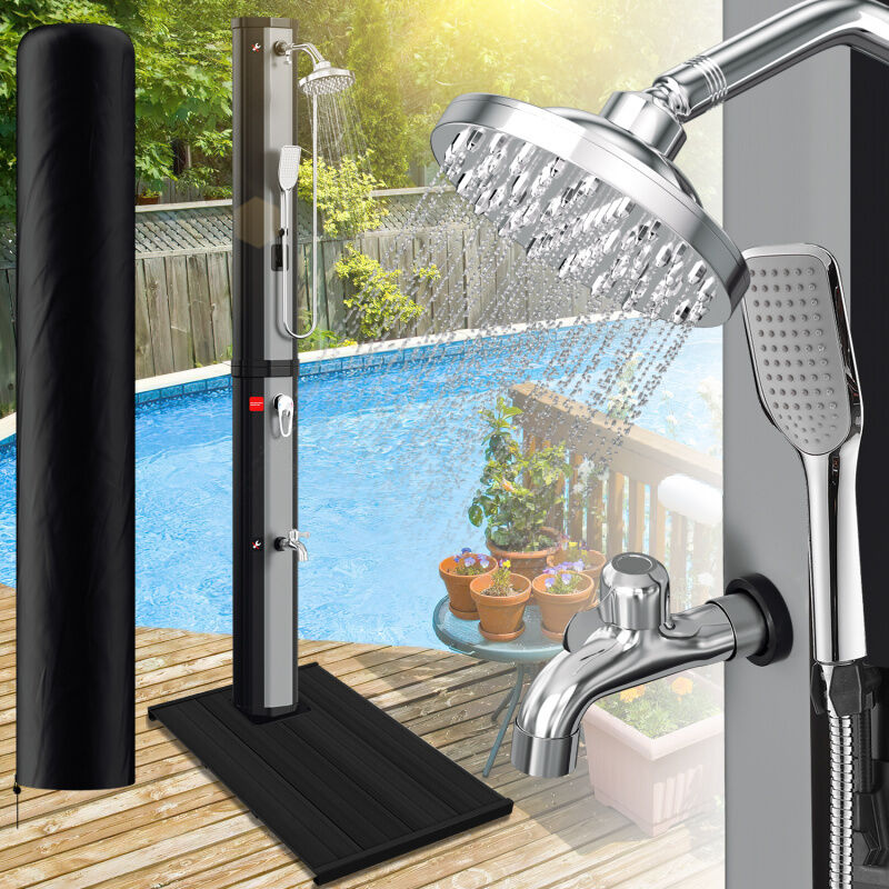 Swanew Douche solaire avec robinet pour camping et piscine en extérieur 60L (Avec couvercle de protection, avec douchette,argenté) avec Elément de