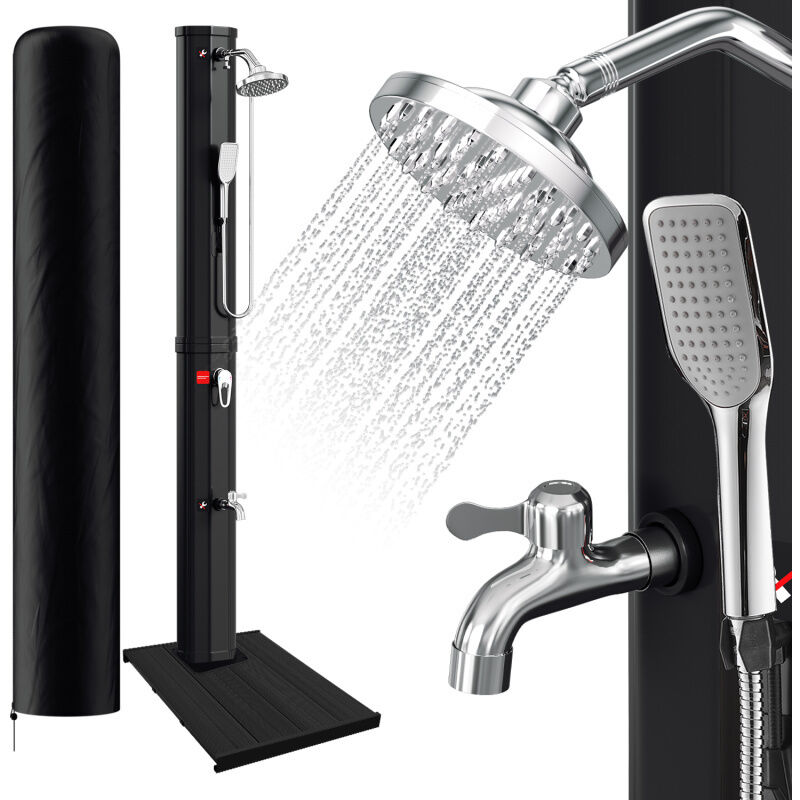 Swanew Douche solaire avec chauffage, pompe à pied 60L (avec couvercle de protection, avec douchette, en noir) avec Elément de sol en pvc