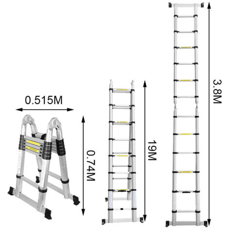 Randaco Echelle télescopique Alu Argent Echelle pliante 1,9M+1,9M A Cadre Echelle avec barre d'appui Echelle en aluminium Antidérapante Echelle multi-usage pouvant supporter jusqu'à 150 kg