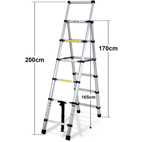 Randaco Échelle télescopique Aluminium Échelle multi-usages 1.7M+2.0M Échelle à coulisse Stabil Avec barre de pesée Aluminium Échelle double jusqu'à 150kg Argent