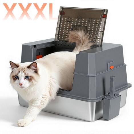 Randaco Edelstahl Katzentoilette XXXL mit Deckel 70x50x43 cm hochrandig für große Katzen mit Trittbrett