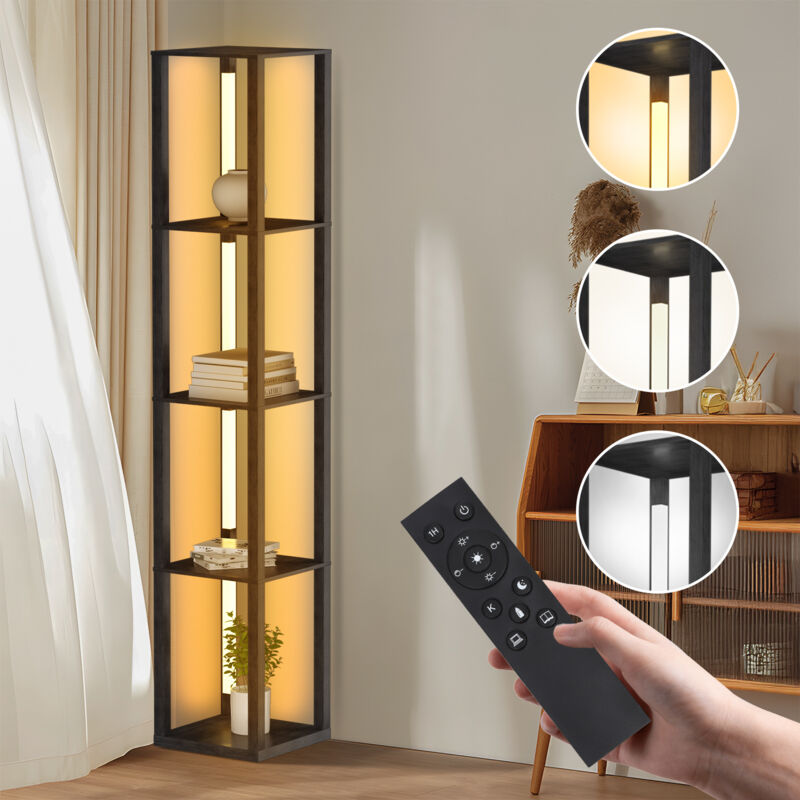Randaco étagère pour lampadaire Carré, 4 étagères en bois, LED dimmable, 163 cm avec télécommande, noir
