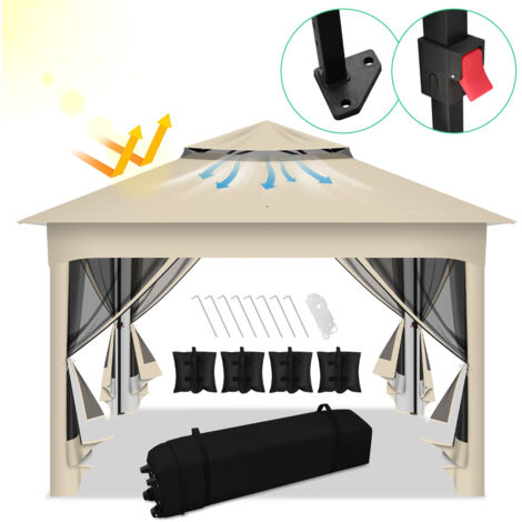 Randaco Faltpavillon Pop-up 3,3×3,3 m Gartenpavillon Pavillon mit Moskitonetz & UV-Schutz – Schnellaufbau Sonnenschutz Pavillon mit doppelt belüftetem Dach, inkl. Tragetasche & Sandsäcke, Beige
