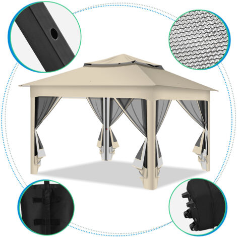 Randaco Faltpavillon Pop-up 3,3×3,3×2,68 m – Gartenpavillon mit Moskitonetz, UV-Schutz, doppelt belüftetem Dach, inkl. Tragetasche & Sandsäcke, Beige