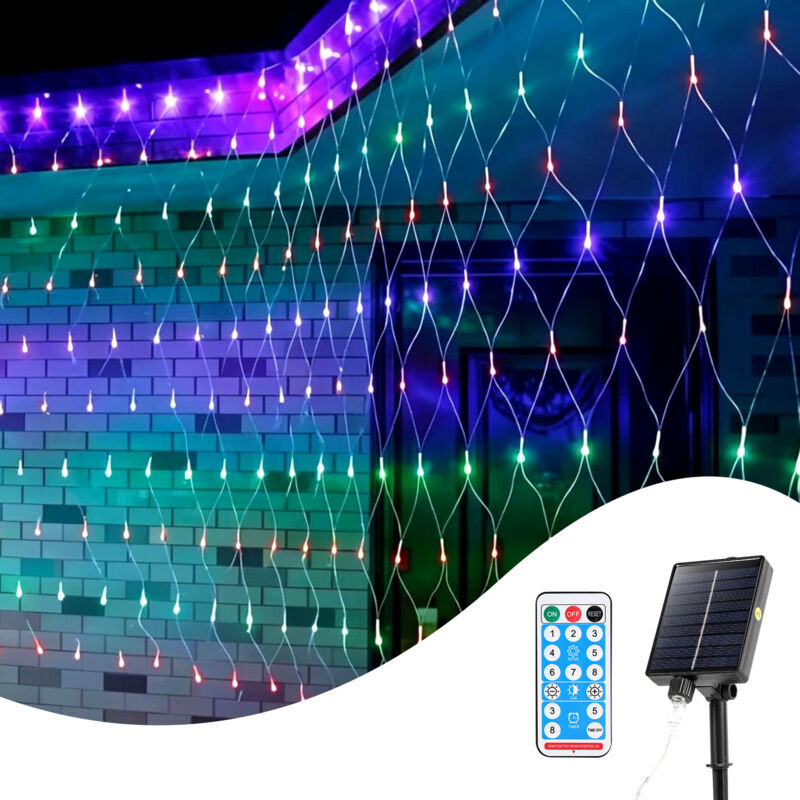 Randaco Filet Lumineux Solaire 3x2M Multicolore Chaîne lumineuse avec 8 modes Rideau lumineux de Noël intérieur extérieur