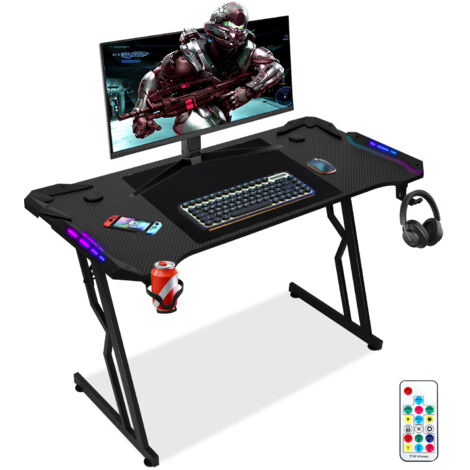 Randaco Gaming Tisch LED, 120 x 60 cm großer Gaming-Schreibtisch mit Karbonfaserplatte, ergonomischer Computertisch mit Mauspad, Getränkehalter und Kopfhörerhaken, Schwarz