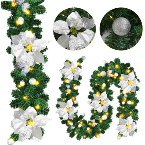 Randaco Guirlande de Noël de Noëll, élément de décoration de Noël fonctionnant à piles, durable et polyvalent, décoration de Noël, fleurs argentées