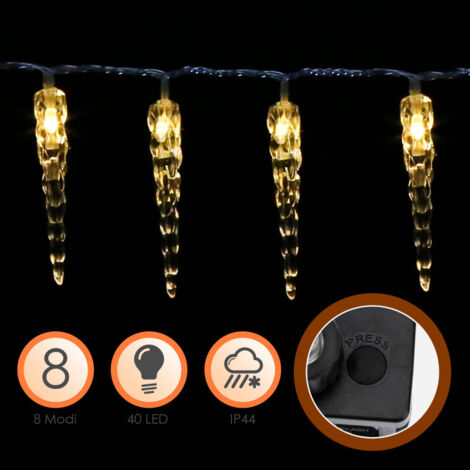 Randaco Guirlande Noel Exterieur, 10 m 40 LED Lumières de Stalactite Glaçons, Guirlande Lumineuse blanc chaud avec 8 Modes D'éclairage, IP44 étanche.