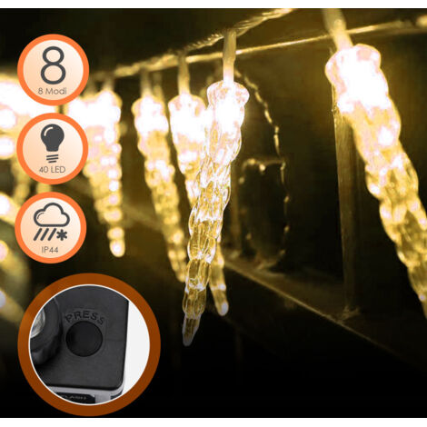 Randaco Guirlande Noel Exterieur, 10 m 40 LED Lumières de Stalactite Glaçons, Guirlande Lumineuse blanc chaud avec 8 Modes D'éclairage, IP44 étanche.