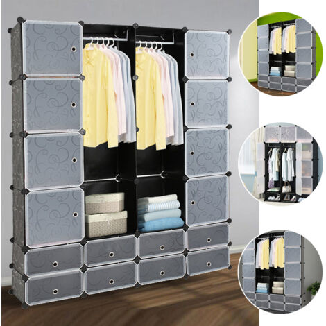 Randaco H.180cm Kleiderschrank DIY Garderobenschrank für Schlafzimmer Miete Zimmer Wäschezimmer, DIY Regalsystem aus Kunststoff - 16+8 Gitter (Schwarz aufdruck)