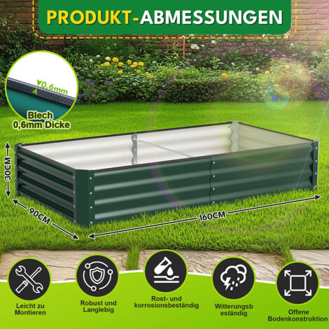 Randaco Hochbeet Metall 160x90x30cm Gartenbeet Verzinkt Pflanzkasten für Gemüse & Kräuter, Stabiles Hochpflanzbeet Wetterfest Bodenlos mit Stützstange, Schwarz