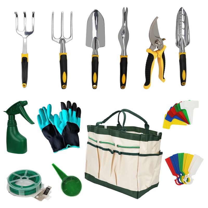 Tolletour - Jeu d'outils de jardinage 12 pièces en acier inoxydable avec poignée ergonomique en caoutchouc antidérapant et Sacs de rangement - Vert