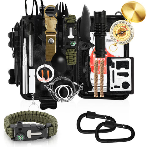 Randaco Kit de survie 18 en 1 kit de survie d'urgence en plein air avec couteau lampe de poche pour camping bushcraft randonnée chasse - Noir