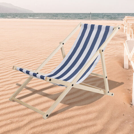 Randaco Liegestuhl Faltliege Klappbar Strand Holz Strandliegestuhl Sonnenliege Faltbar Blau weiß - Blau weiß