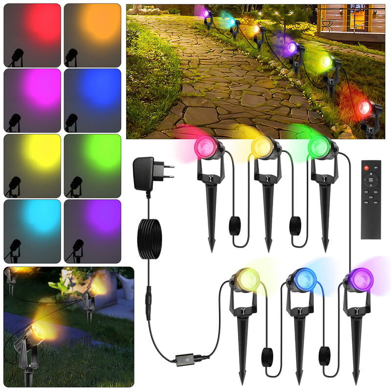 Einfeben Lot de 6 Projecteur de jardin à led avec piquet de terre, éclairage de jardin avec prise étanche IP65 rgb