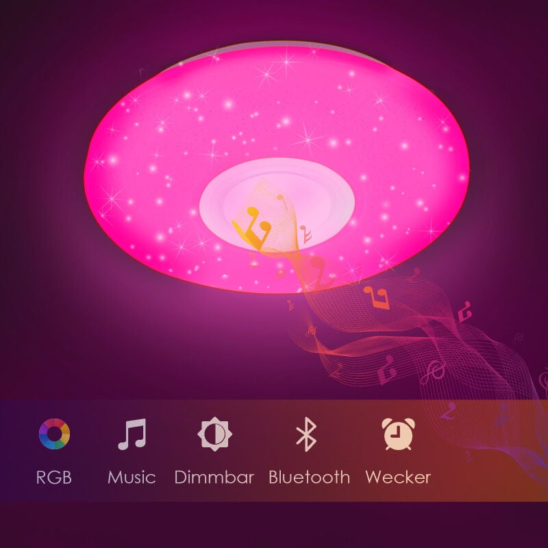 Einfeben Lustre de plafond led 36W avec effet ciel étoilé, luminaire, panneau, télécommande et musique Bluetooth