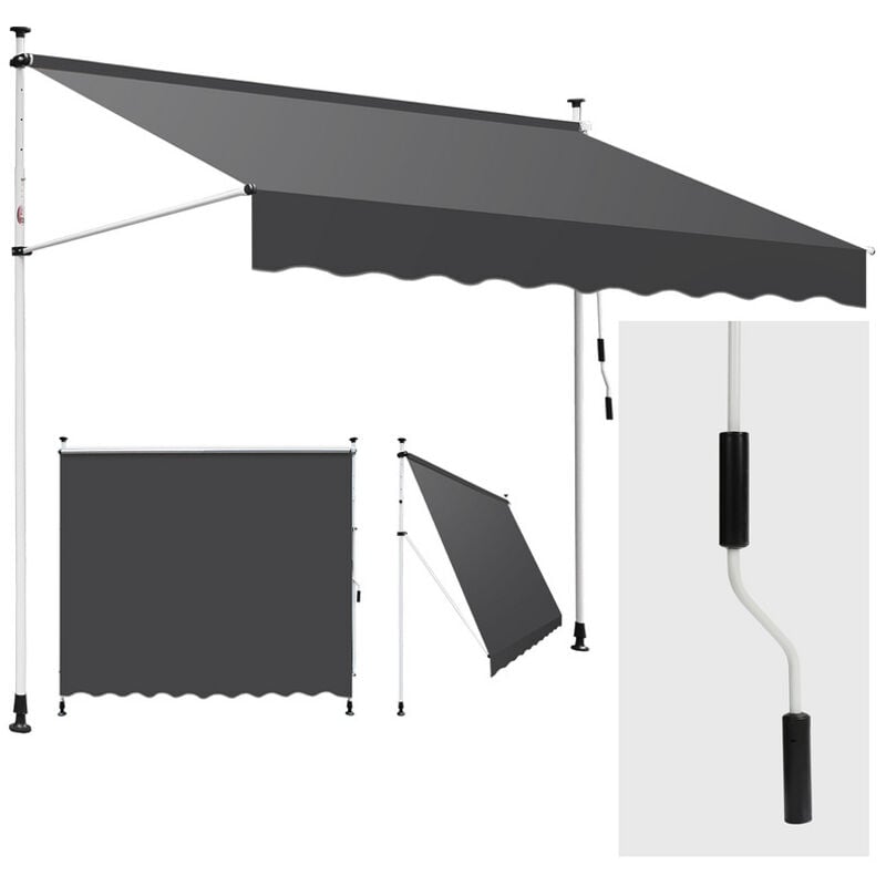 Auvent retractable Auvent terrasse Marquise sans perçage Manivelle Hauteur réglable 3.5M, Gris pur