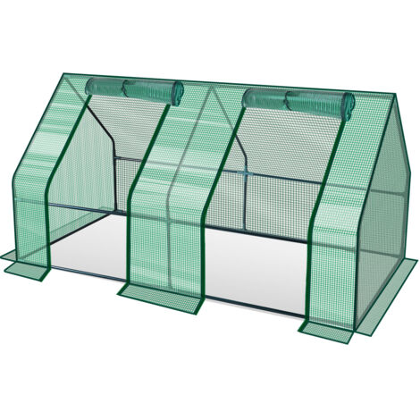 Randaco Mini Gewächshaus 180x90x90cm Foliengewächshaus für draußen Treibhaus mit Reißverschluss und 2 Fenstern Gitternetzfolie Grün