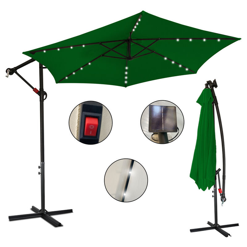 Parasol vert led solaire Ø350cm feu tricolore parasol jardin parasol marché parasol manivelle balcon aluminium inclinable - vert