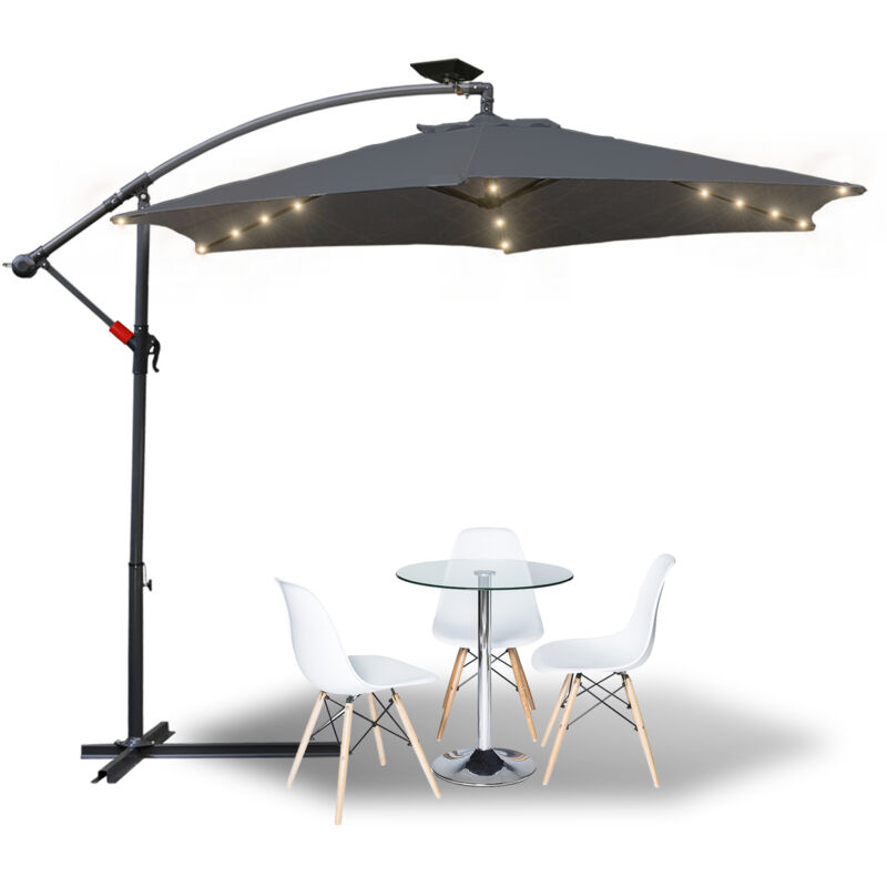 3m Parasol avec led Parapluie de jardin Terrasse UV30+ Parasol de marché Gris