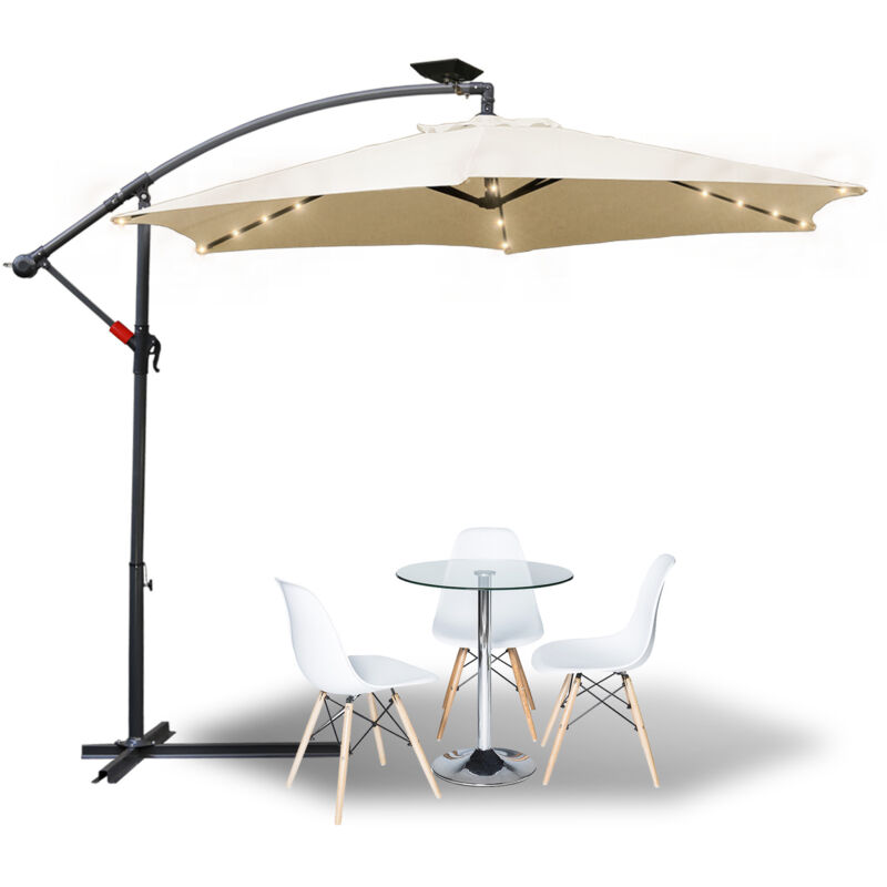 Parasol avec led 300 cm avec protection uv 30+ manivelle pliable alu rond balcon jardin balcon manivelle parasol marché beige