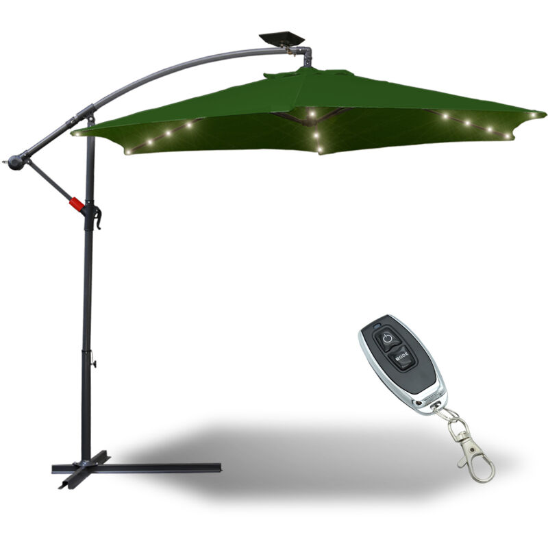 Parasol avec led avec manivelle résistant aux intempéries 350 cm x 350 cm acier polyester vert