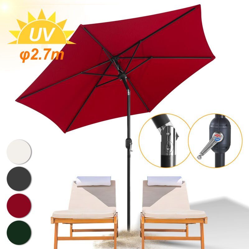 Parasol droit rond Ø270cm - mât central en aluminium orientable et manivelle d'ouverture, Rouge, Parasol de plage