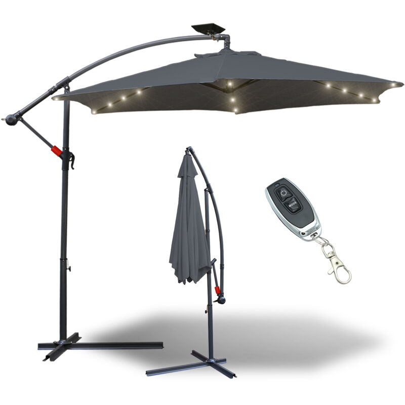 Hengda Parasol avec led 350 cm Parasol de plage Parasol de marché Parasol de jardin Parasol de terrasse Rond UV30+, Gris