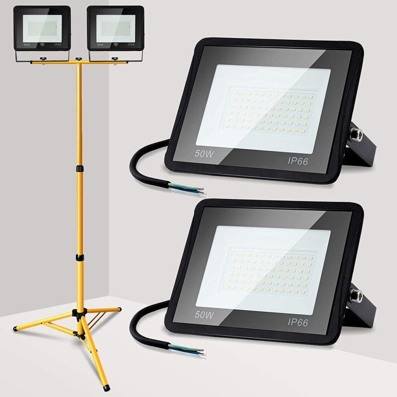 Swanew 2X 50W Projecteur de chantier à led avec trépied ajustable Projecteur extérieur Projecteur à led Blanc froid