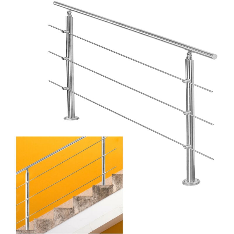 Rampe d'escalier acier inoxydable main courante balustrade Garde-corps argenté 150 cm 3 crossbars