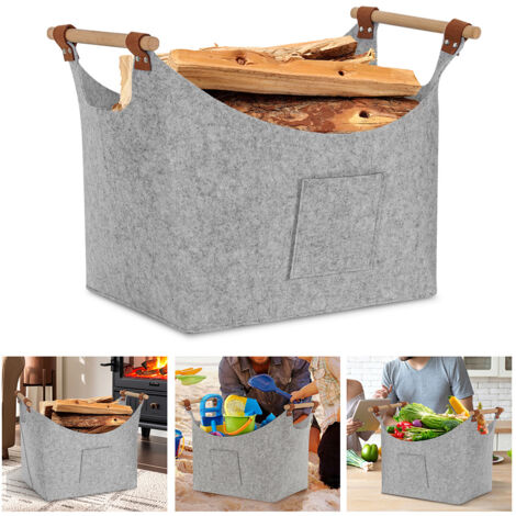 Randaco Sac à feutre pour bois 5 mm, Panier à bûches avec 2 poches, 45x40x32cm gris clair