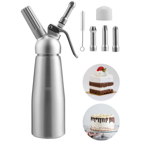 Randaco Sahnespender 0,5 L Aluminium Sahnesyphon Mit 3 Edelstahl Deko-Düsen und Reinigungbürste für die Zubereitung von Schlagsahne, Creme, Mousse N2O Sahnekapseln Nicht Enthalten