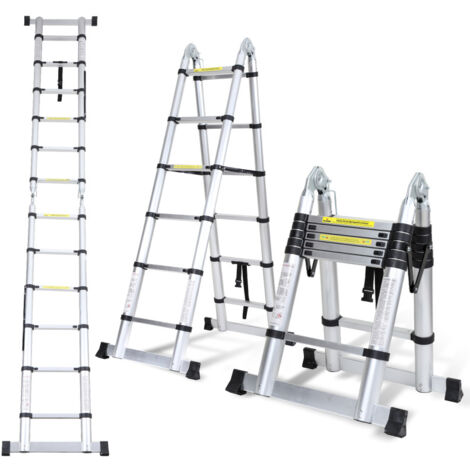 Randaco Scala telescopica in alluminio 1,9m+1,9m Silver senza gancio Con stabilizzatore Con ruote carico massimo 150 kg